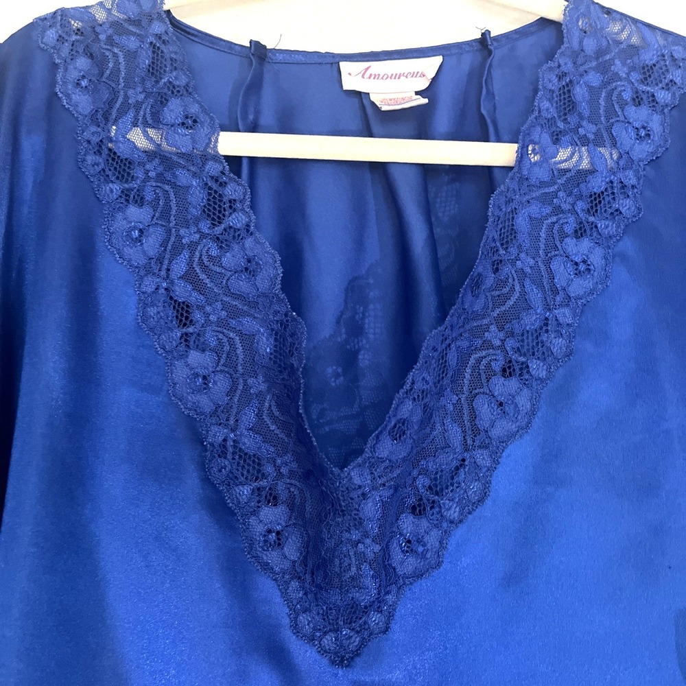 Amoureuse Women's 4x Royal Blue Satin 3/4 Sleeve V Neck Long Pajamas Size 4X - Picture 4 of 11